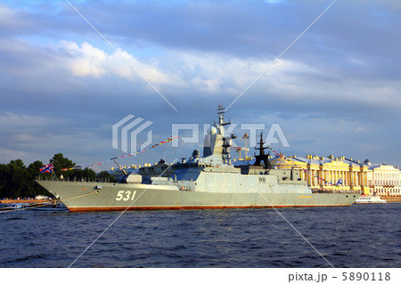 military ship on Neva River - day of the Navy in St. Petersburg 5890118