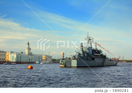 military ship on Neva River - day of the Navy in St. Petersburg 5890281