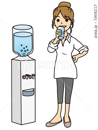ウォーターサーバーと水を飲む女性のイラスト素材
