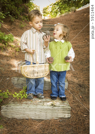 Two Children with Basket Collecting Pine Cones Outside Two Children with Basket Collecting Pine Cones Outside 5911464