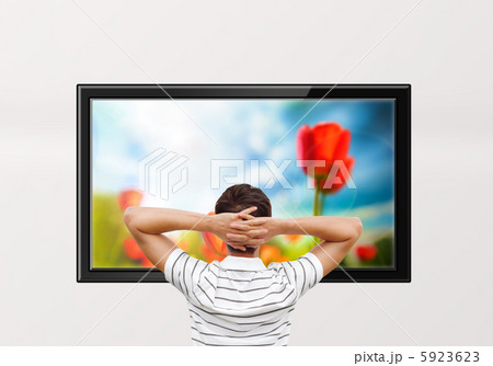 Adult man watching educational channel about nature by tv 5923623
