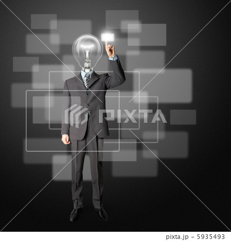 full length businessman with lamp-head push the button full length businessman with lamp-head push the button 5935493