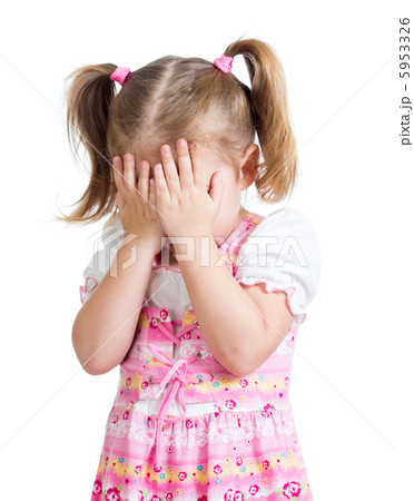 Little scared or crying or playing bo-peep girl hiding face 5953326