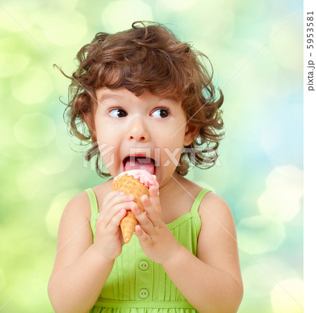 little curly girl with ice cream on colorful background 5953581