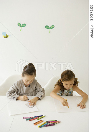 テーブルに向かいクレヨンで絵を書く女の子二人 テーブルに向かいクレヨンで絵を書く女の子二人 5957139