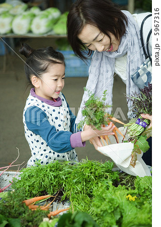 野菜市場で買い物をする孫娘と祖母 野菜市場で買い物をする孫娘と祖母 5967316