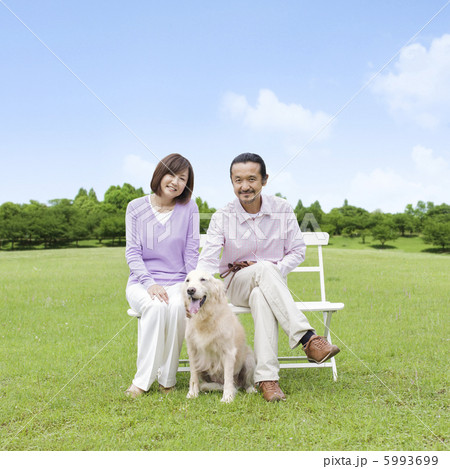 草原のベンチに座る中高年夫婦と犬 5993699