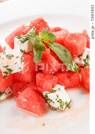watermelon salad with feta cheese with and basil 5993892