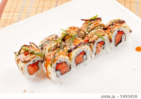 sushi with eggplant and salmon sushi with eggplant and salmon 5995836