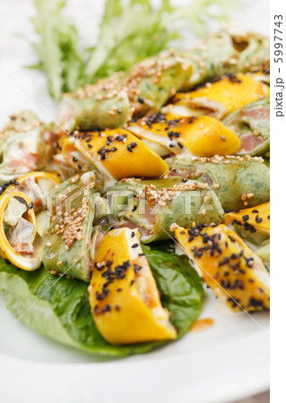 tasty appetizer with salmon and cheese 5997743