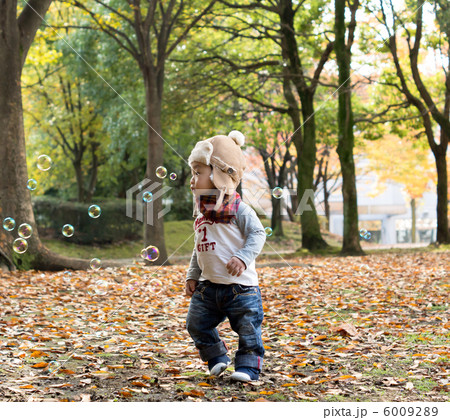 秋の公園で、シャボン玉を追いかける幼児 6009289