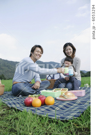 草原でピクニックをする親子3人 6053294