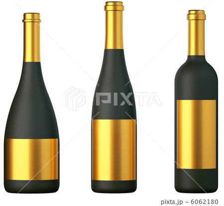 Three black bottles for wine with golden labels isolated 6062180