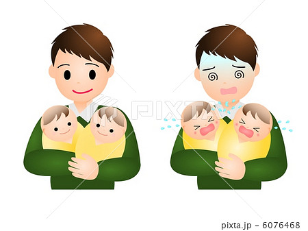 双子の赤ちゃんとパパのイラスト素材