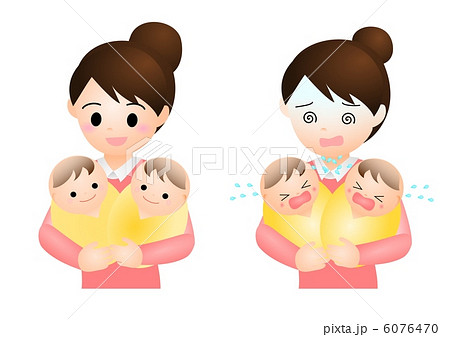 双子の赤ちゃんとママのイラスト素材