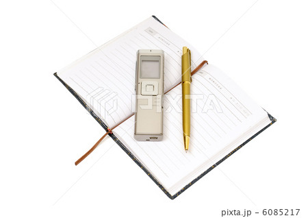 Dictaphone, notepad and ballpen isolated on white background Dictaphone, notepad and ballpen isolated on white background 6085217