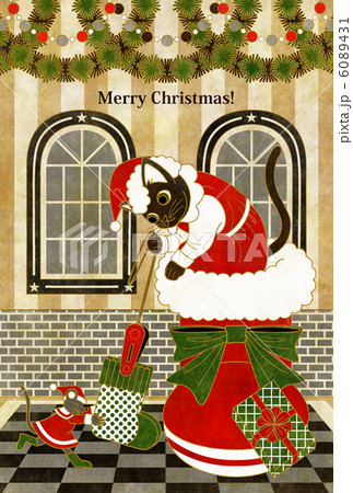 クリスマスカード用イラスト 猫と鼠 靴下発見 Merrychristmas茶