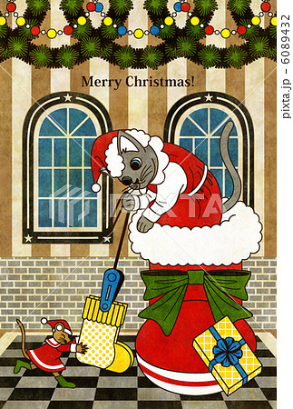 クリスマスカード用イラスト（猫と鼠「靴下発見！」）MERRYCHRISTMASカラフル 6089432
