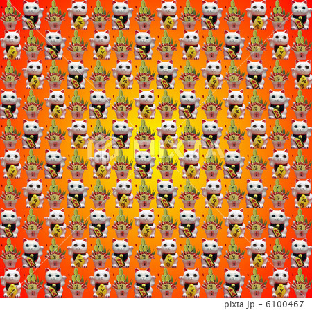 招き猫と門松の繰り返しパターン素材（グラデーション背景） 6100467