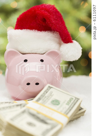 Pink Piggy Bank Wearing Santa Hat Near Stacks of Money on Snowfl Pink Piggy Bank Wearing Santa Hat Near Stacks of Money on Snowfl 6111097