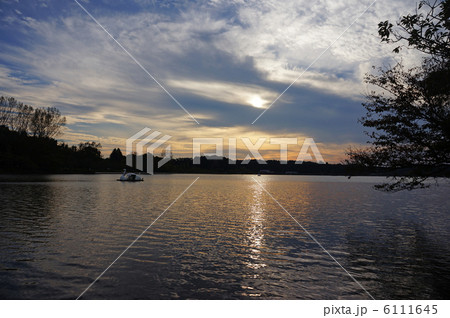 千波湖とスワンボートと夕日の写真素材