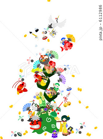 女の子が笛を吹くと 獅子舞や鶴と亀 七福神が現れた のイラスト素材