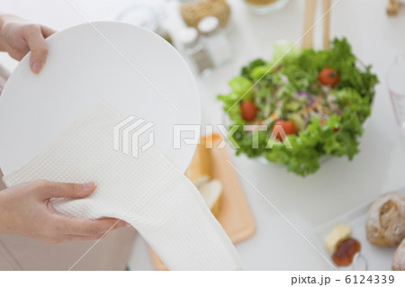 皿を拭いている女性の手元 皿を拭いている女性の手元 6124339