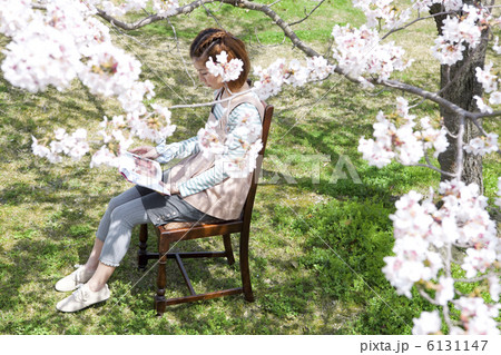 読書している女性とサクラ 6131147