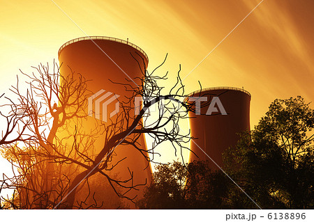 Nuclear power plant sunset sunrise 3D render 6138896