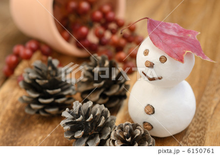 雪だるまの人形とトウカエデの紅葉した葉 6150761