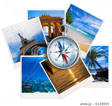 Traveling photos collage with compass on white background 6158695