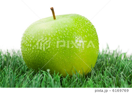 Green wet apple on grass Green wet apple on grass 6169769