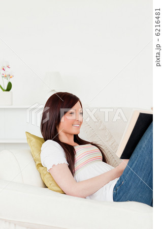 Charming red-haired woman reading a book while lying on a sofa Charming red-haired woman reading a book while lying on a sofa 6216481