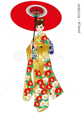 和傘と椿の振袖の女性のイラスト素材