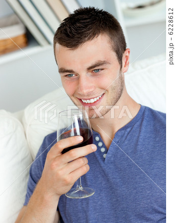 Animated young man drinking wine sitting on the sofa Animated young man drinking wine sitting on the sofa 6228612