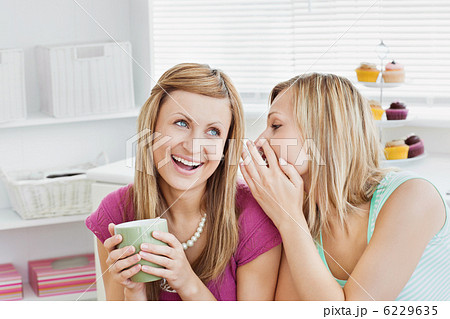 Close female friends talking together with a cup of coffee at ho 6229635