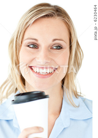 Delighted businesswoman holding a cup of coffee 6230464