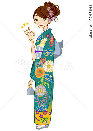 着物女性/緑/OK/全身のイラスト素材 [6248691] - PIXTA