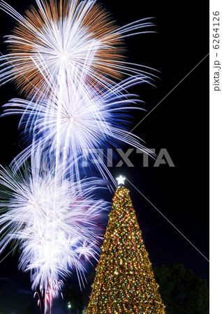 愛知県名古屋港 クリスマスツリーと花火の写真素材