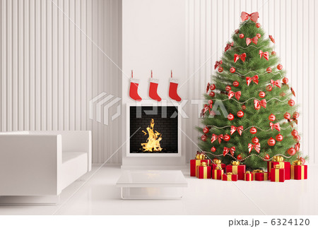 Interior with Christmas tree and fireplace 3d 6324120