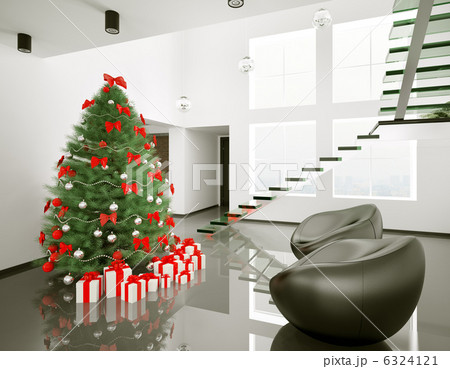 Christmas tree in the modern room interior 3d 6324121