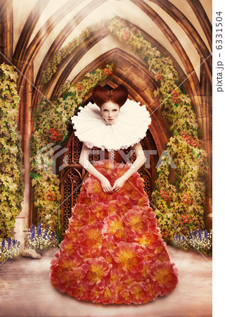 Red Hair Duchess in red Dress and Jabot in Ancient Abbey 6331504