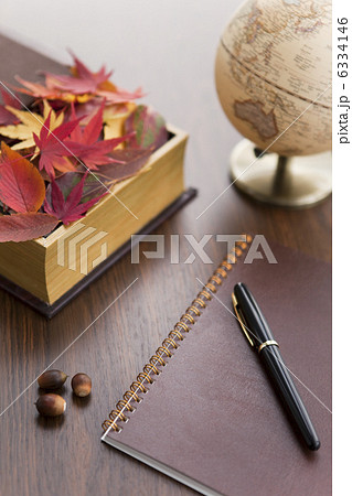 箱に詰められた落ち葉とノートと万年筆 6334146