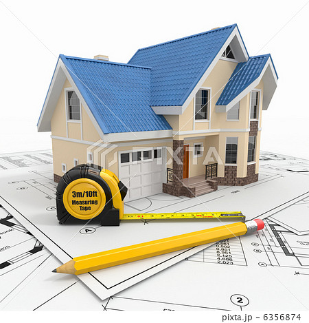 Residential house with tools on architect blueprints. 6356874