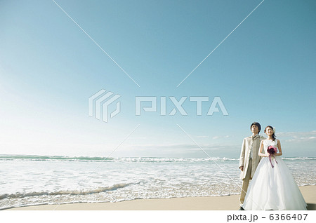 砂浜にたたずむ新郎新婦 6366407