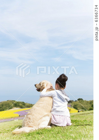 犬と寄り添って座る女の子の後姿の写真素材