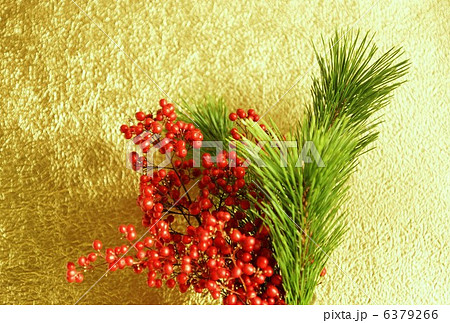 年賀状素材・たくさんの南天の実と松の葉・金和紙バック横位置・ハガキ対応比 年賀状素材・たくさんの南天の実と松の葉・金和紙バック横位置・ハガキ対応比 6379266