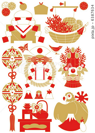年賀状用イラストカット素材集（鏡餅・宝船・鞠・注連飾り・門松・お屠蘇・一富士二鷹三茄子）赤茶 6387634