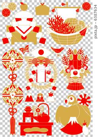 年賀状用イラストカット素材集（鏡餅・宝船・鞠・注連飾り・門松・お屠蘇・一富士二鷹三茄子）赤茶 6387634