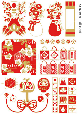 年賀状用イラストカット素材集 富士山 掛け軸 椿 重箱 福袋 打ち出の小槌 サイコロ 達磨 亀 赤茶のイラスト素材